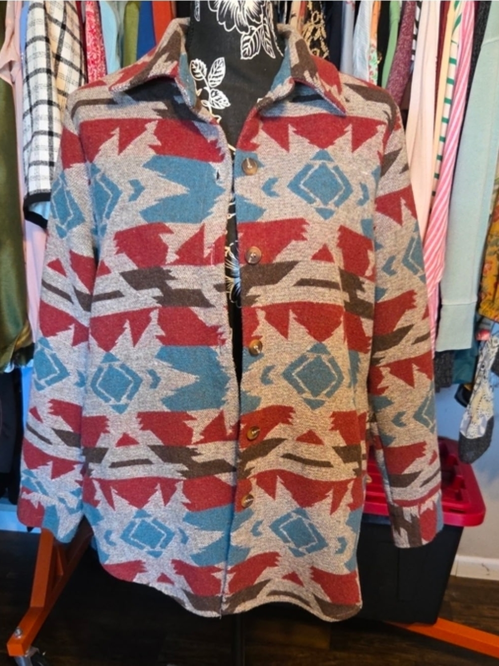 Cozy Aztec-Print Teddy Jacket - Red, Blue, Gray